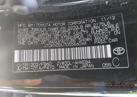 2013 Toyota Prius Two z USA, uszkodzony, nr VIN JTDKN3DU7D5566044